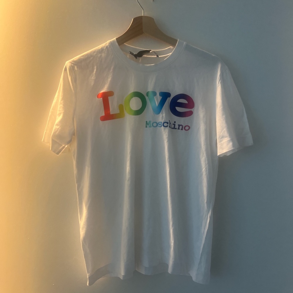 Moschino White Tee with Multicolor Rainbow Graphic